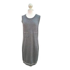 CHANEL Sleeveless Bead Accent Slip on Dress in Gray with Pearl Beading
